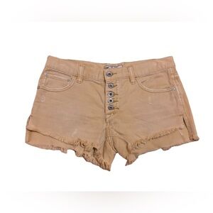 Free People Frayed Raw Hem Button Fly Denim Khaki Tan Jean Shorts Size 24 waist
